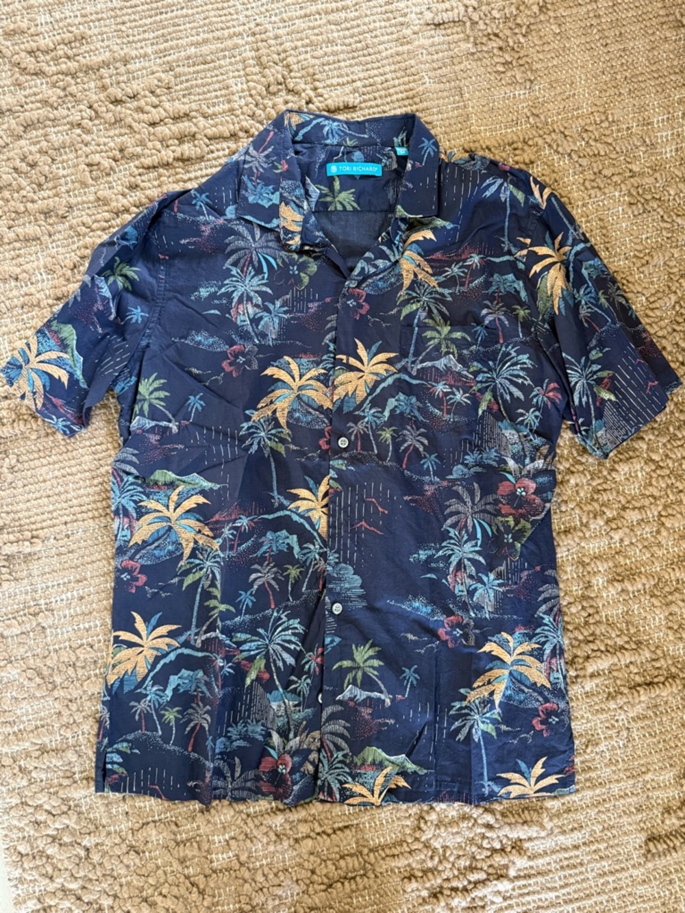 Tori Richard Navy Tropical Palm Print Short-Sleeve Button Shirt